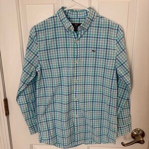 Vineyard Vines Boys Blue and Green Plaid Shirt Size Medium 12-14